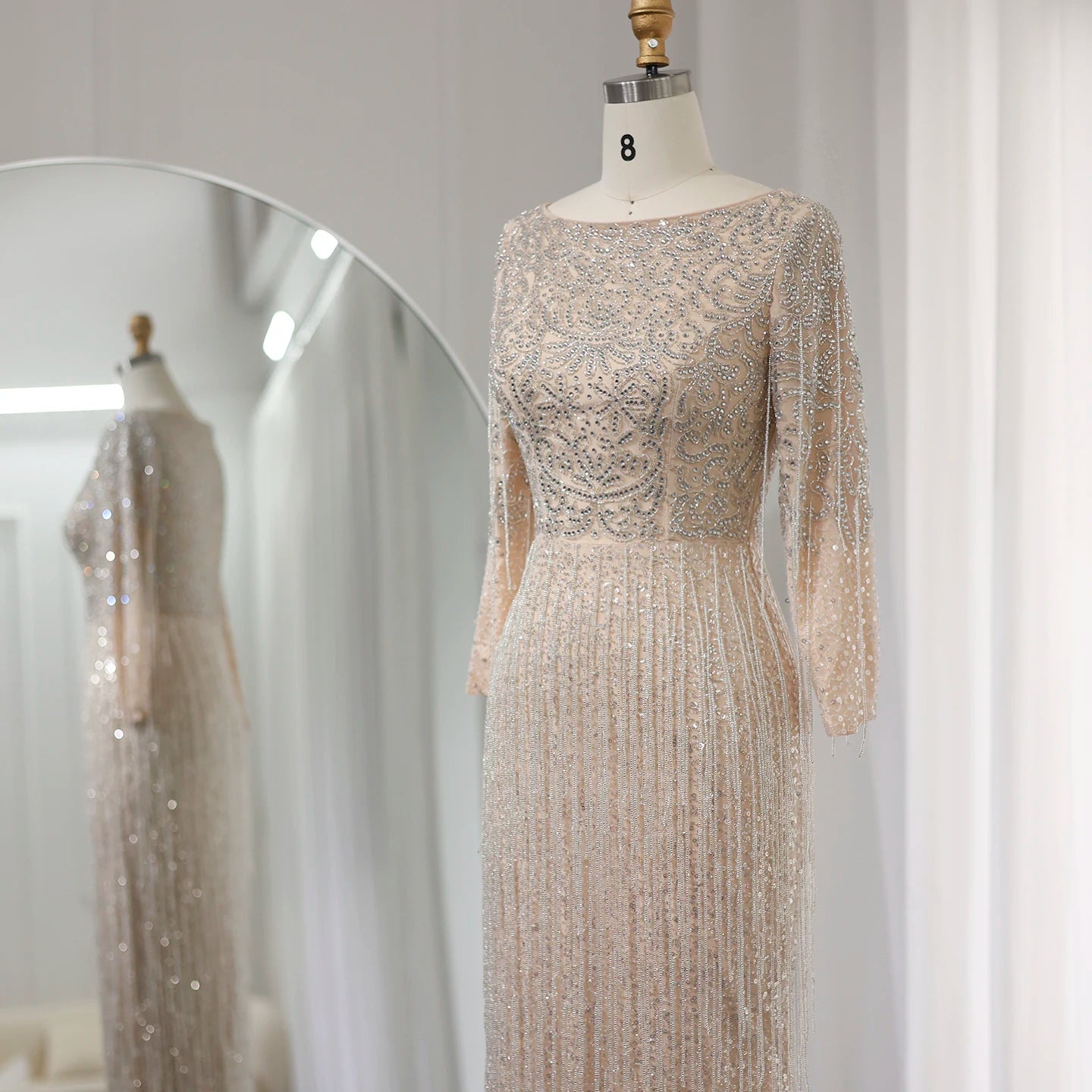 Luxury Beading Tassel Silver Nude Evening Dress Long Sleeves Arabic Women Midi Wedding Party Gown - Image 3