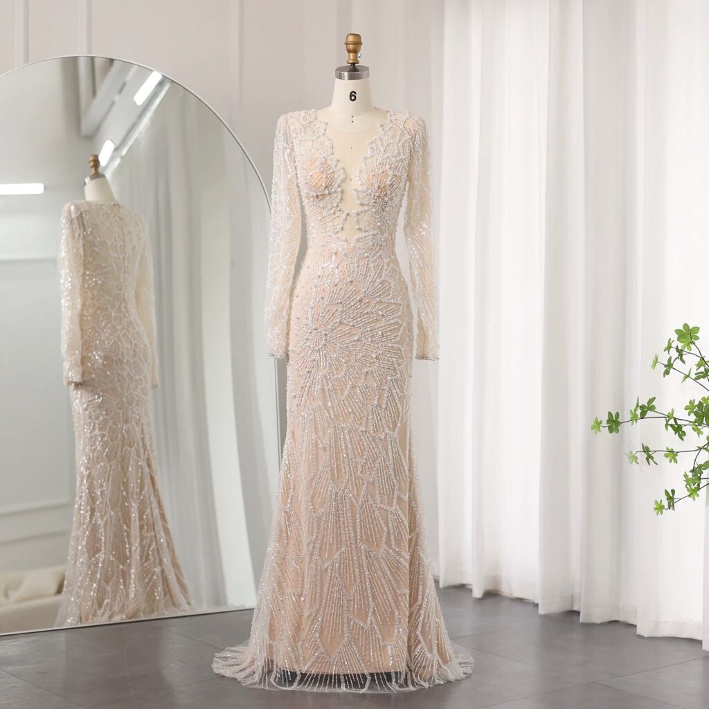 Luxury Beige Mermaid Evening Dress for Women Wedding Long Sleeves Bridal Prom Party Gowns