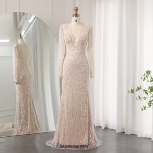 Luxury Beige Mermaid Evening Dress for Women Wedding Long Sleeves Bridal Prom Party Gowns