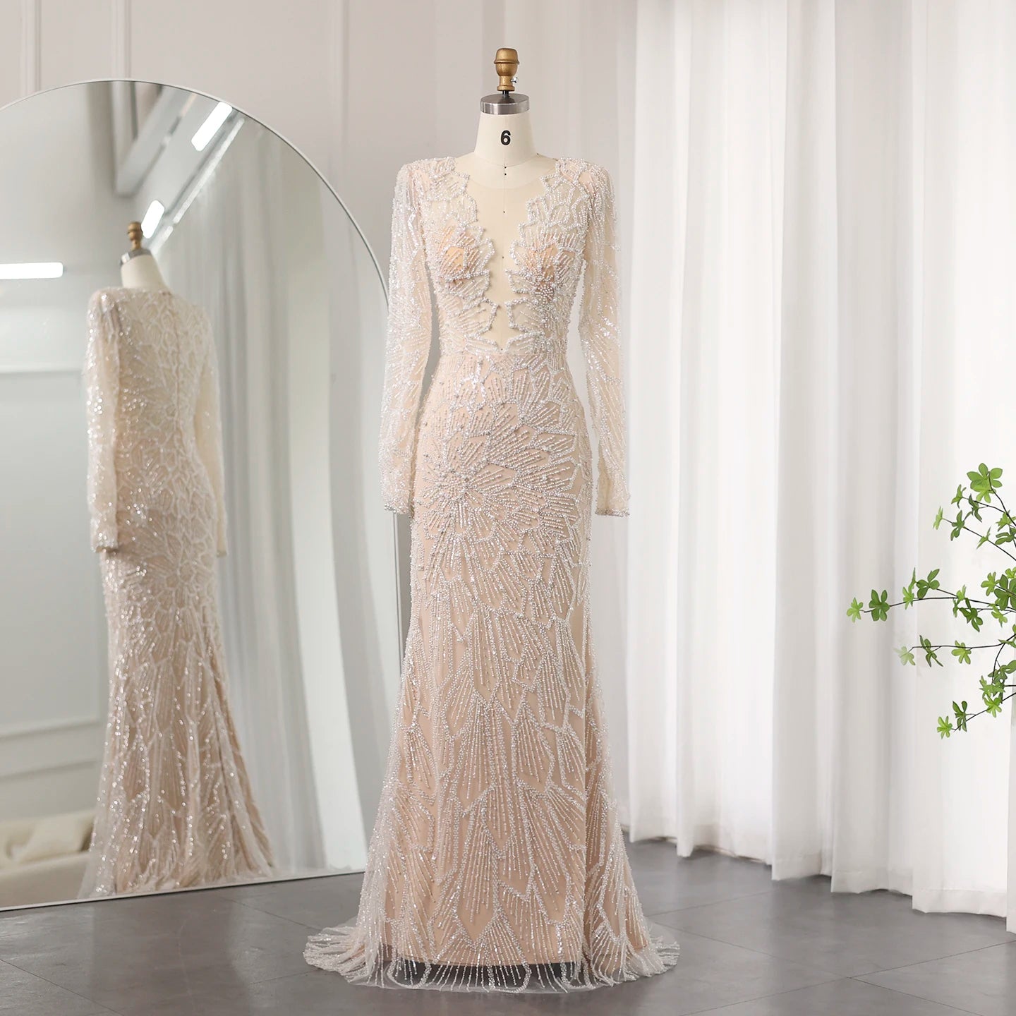 Luxury Beige Mermaid Evening Dress for Women Wedding Long Sleeves Bridal Prom Party Gowns