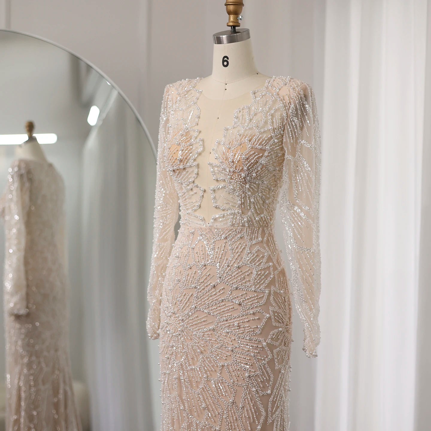 Luxury Beige Mermaid Evening Dress for Women Wedding Long Sleeves Bridal Prom Party Gowns - Image 3