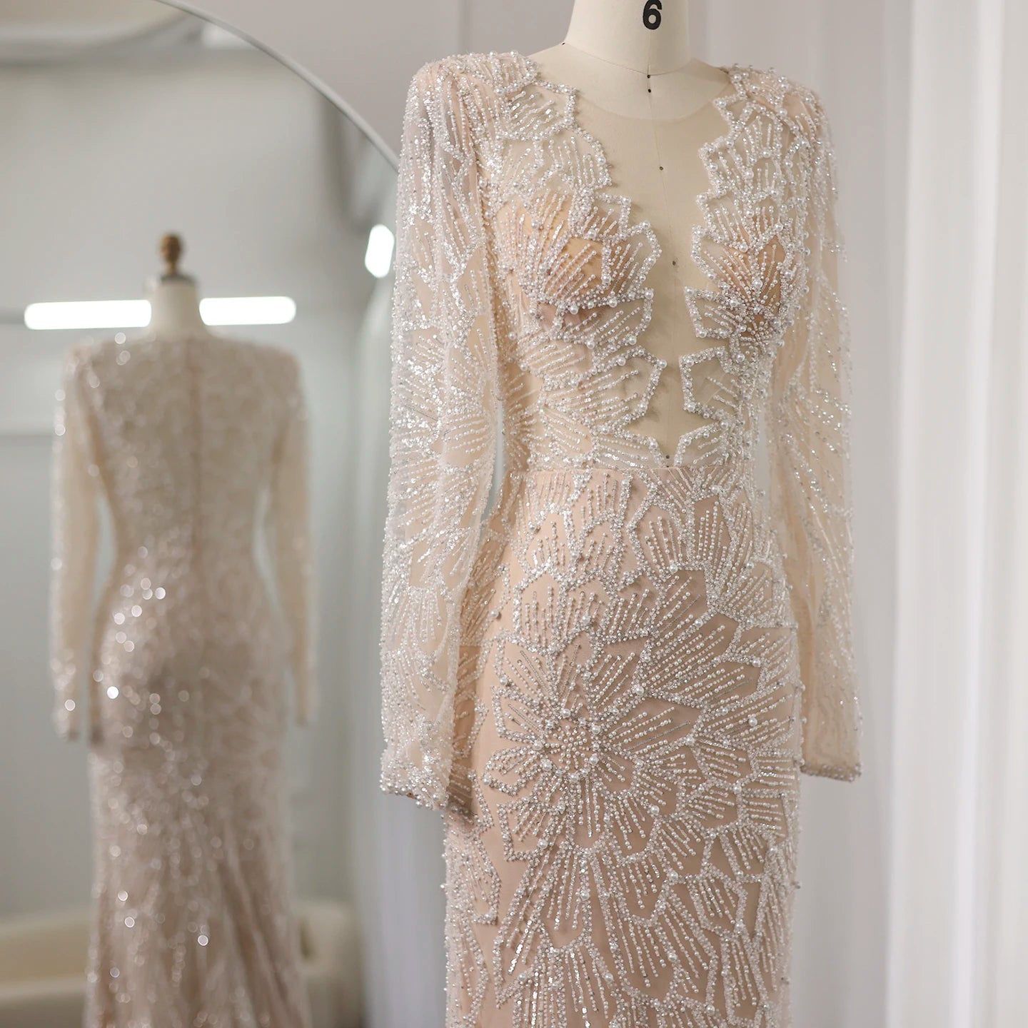 Luxury Beige Mermaid Evening Dress for Women Wedding Long Sleeves Bridal Prom Party Gowns - Image 4