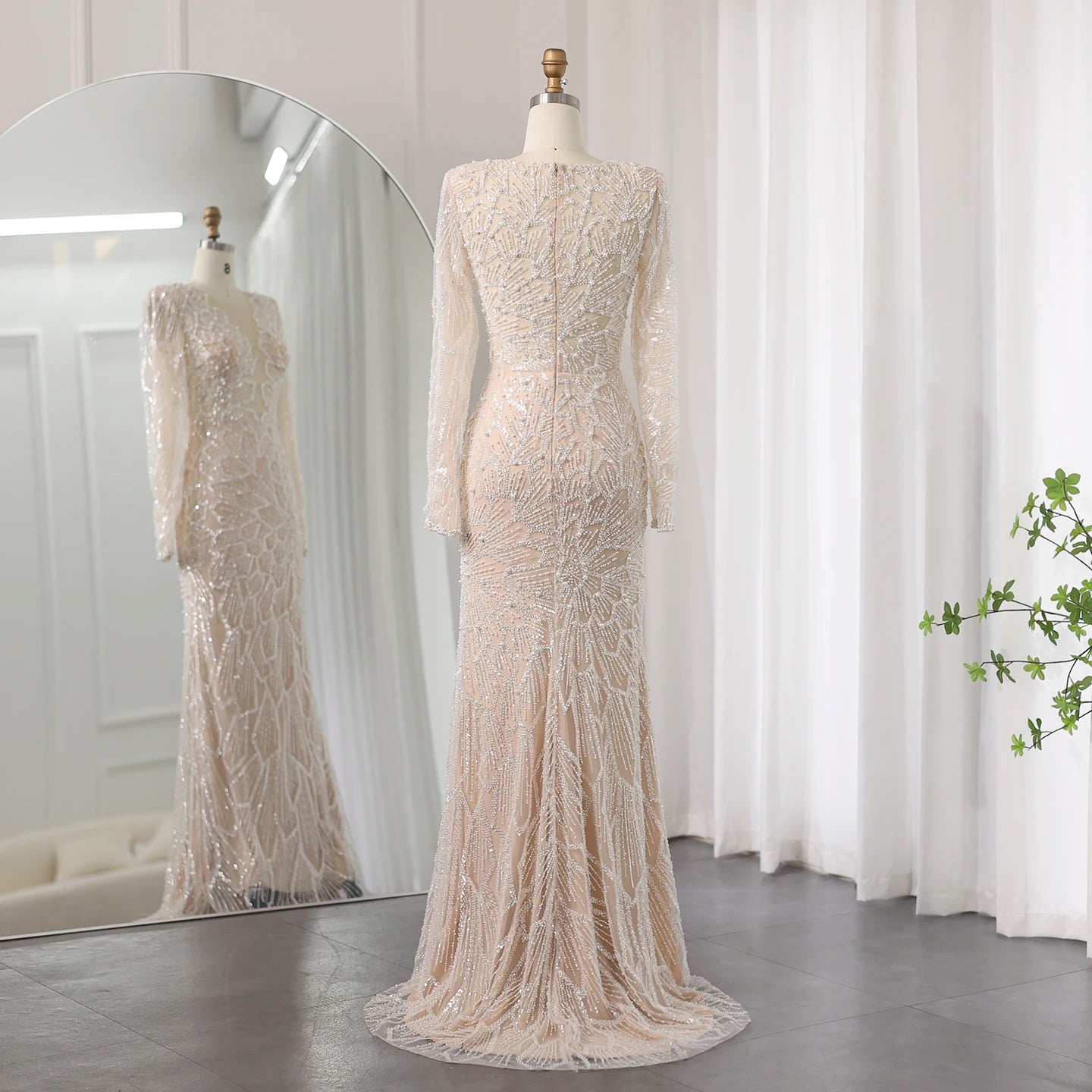 Luxury Beige Mermaid Evening Dress for Women Wedding Long Sleeves Bridal Prom Party Gowns - Image 5