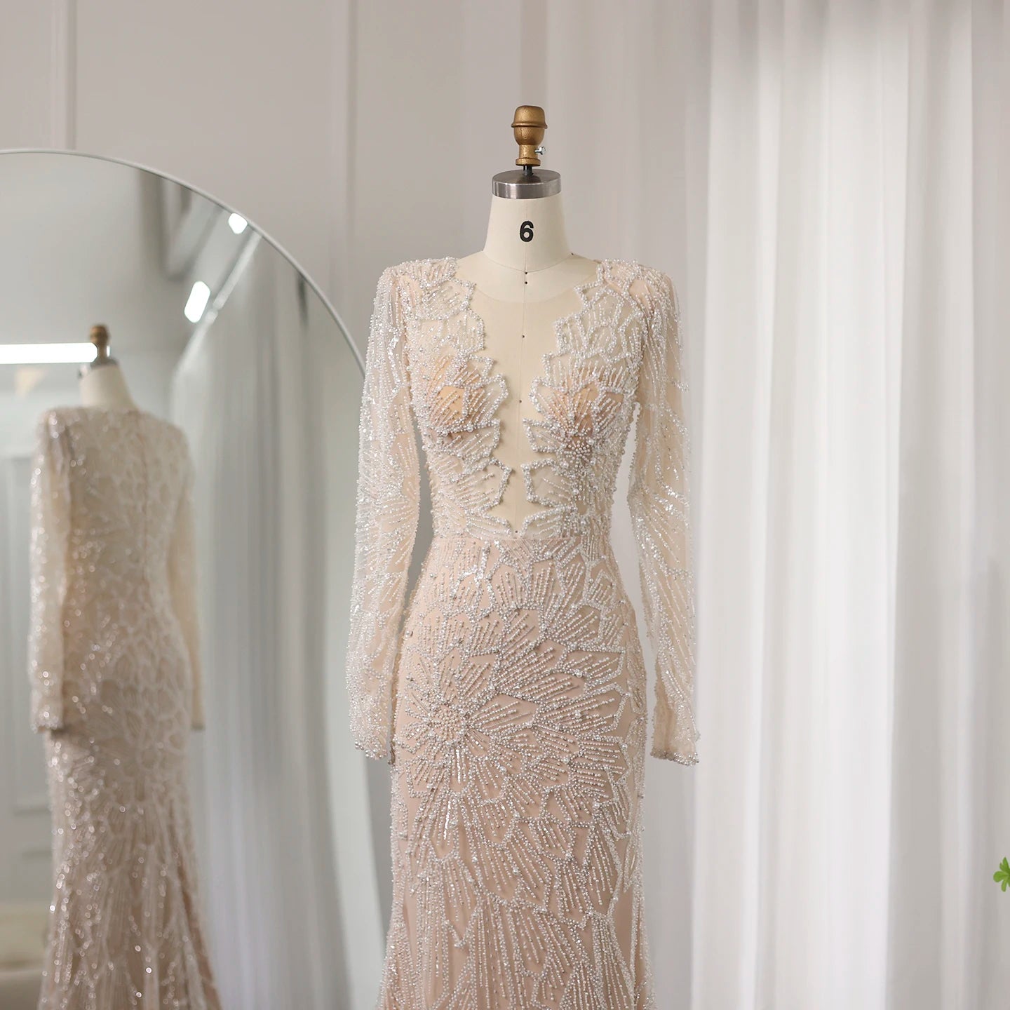 Luxury Beige Mermaid Evening Dress for Women Wedding Long Sleeves Bridal Prom Party Gowns - Image 2