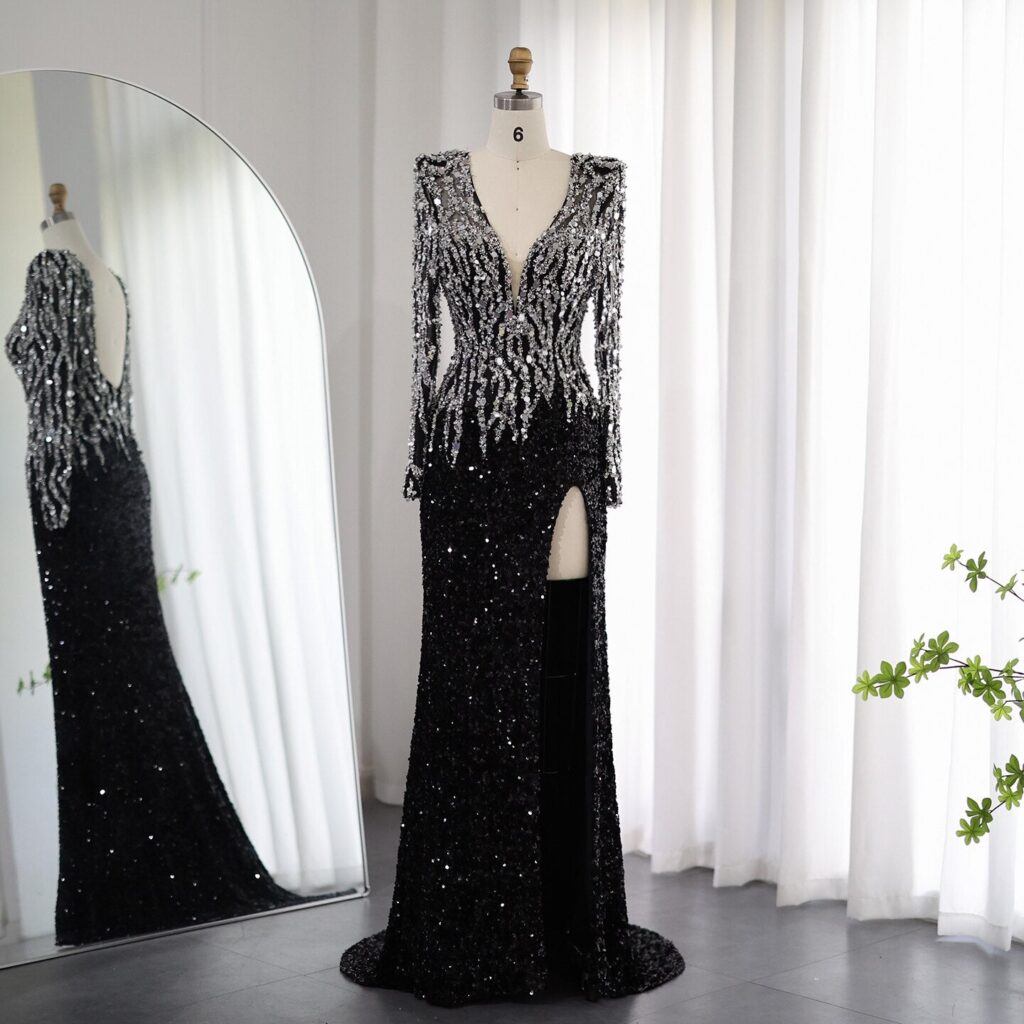 Luxury Black Mermaid Evening Dresses Elegant V-Neck Long Sleeves Women Formal Party Gowns
