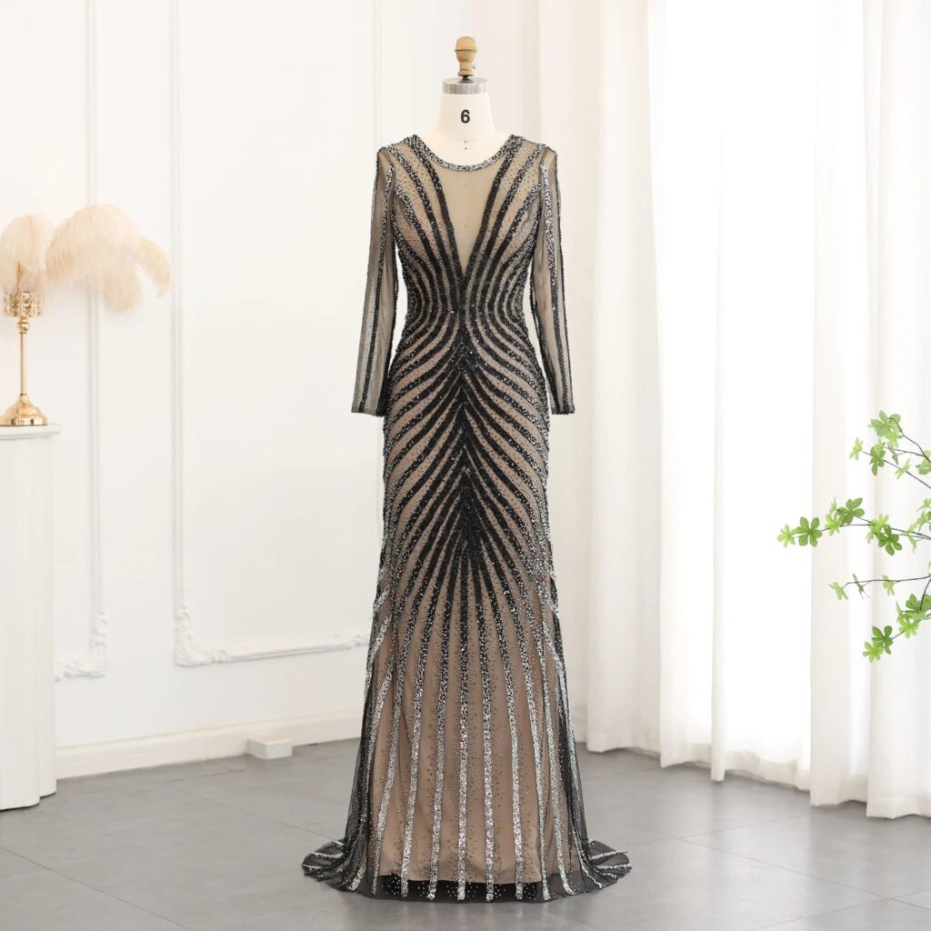 Luxury Black Mermaid Evening Dresses 2024 Long Sleeves Crystal Women Long Special Occasion Formal Party Gowns