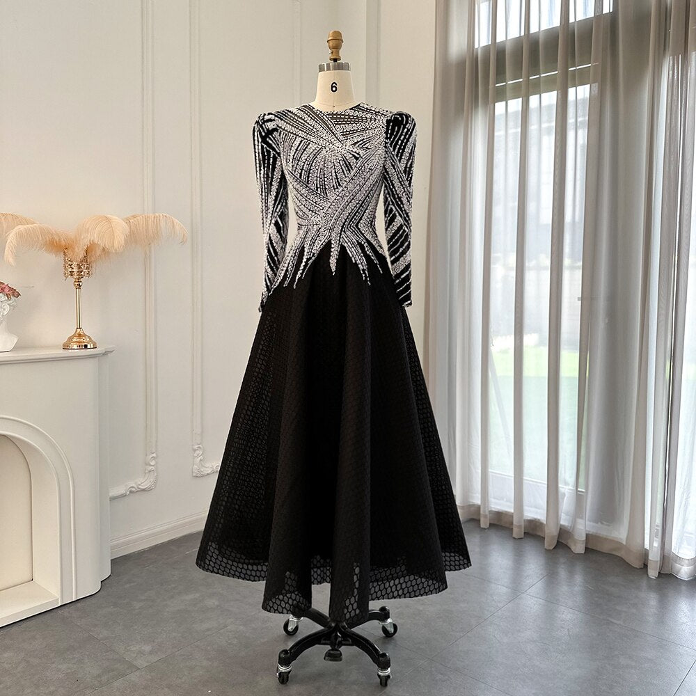 Luxury Black Short Evening Dress Long Sleeve Elegant A-Line Women Party Prom Formal Dresses