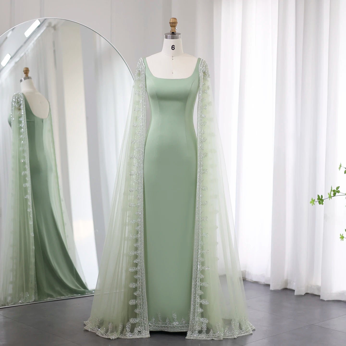 Luxury Blue Mermaid Evening Dresses with Cape Sleeves Sage Green Elegant Women Wedding Party Gowns - Image 2