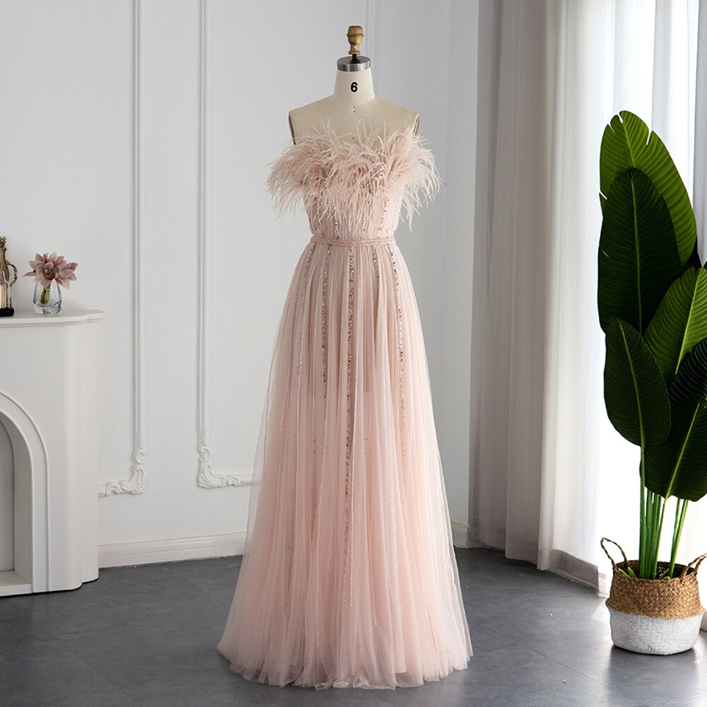 Luxury Blush Pink Feathers Evening Dress Wedding Party Long Elegant Formal Prom Dresses