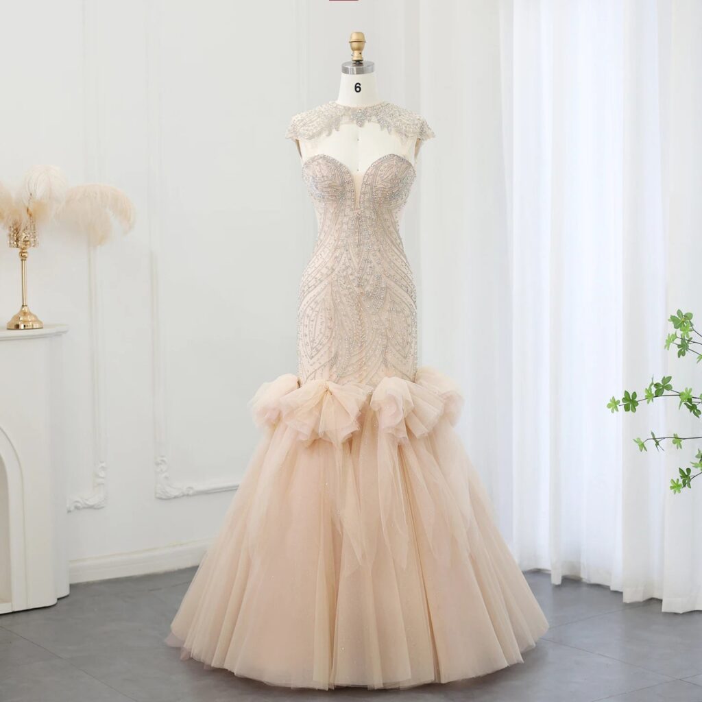 Luxury Champagne Crystal Mermaid Evening Dress for Women Wedding Party Long Dubai Arabic Formal Prom Gowns