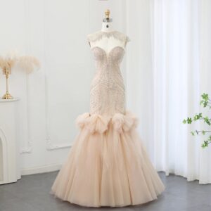 Luxury Champagne Crystal Mermaid Evening Dress for Women Wedding Party Long Dubai Arabic Formal Prom Gowns