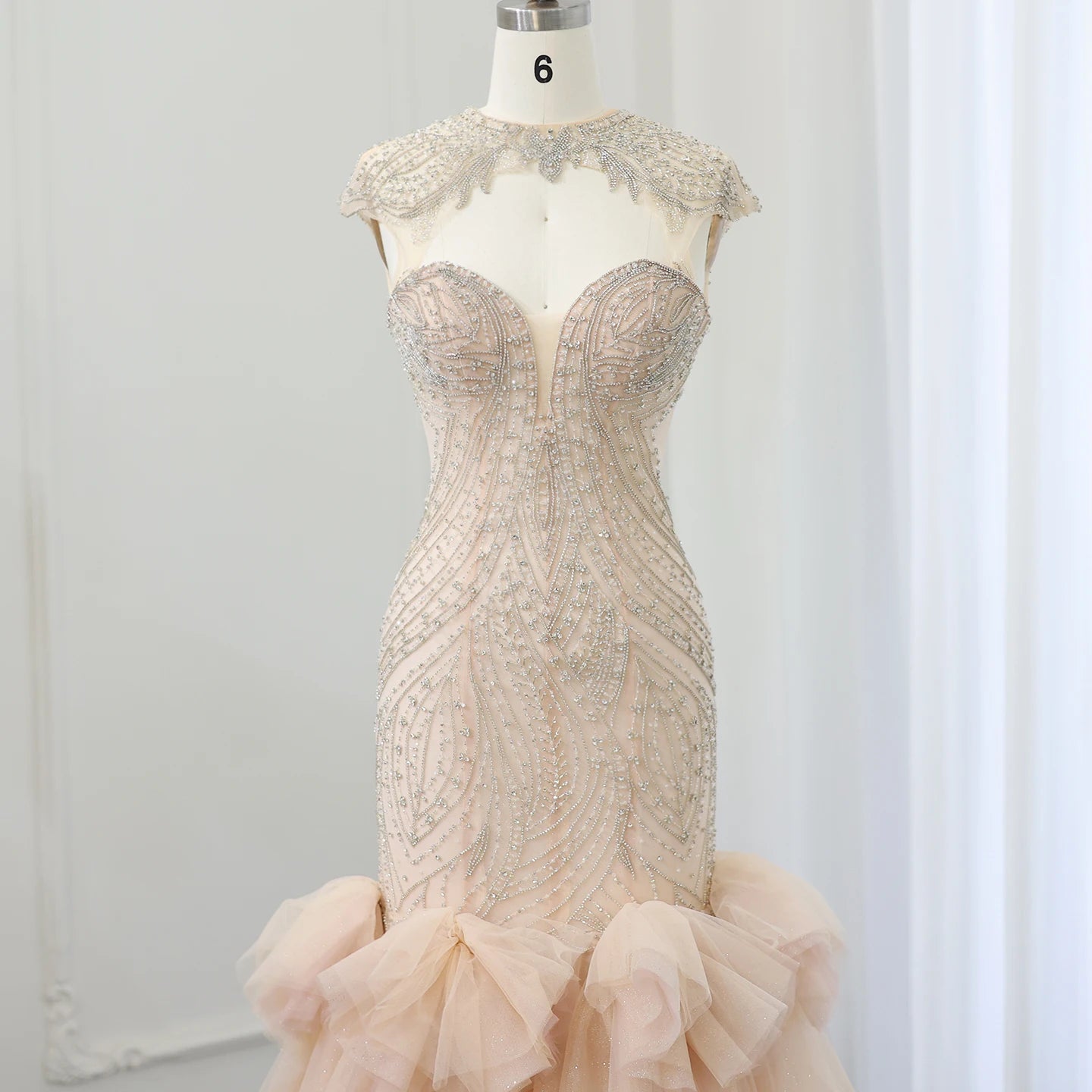 Luxury Champagne Crystal Mermaid Evening Dress for Women Wedding Party Long Dubai Arabic Formal Prom Gowns - Image 2
