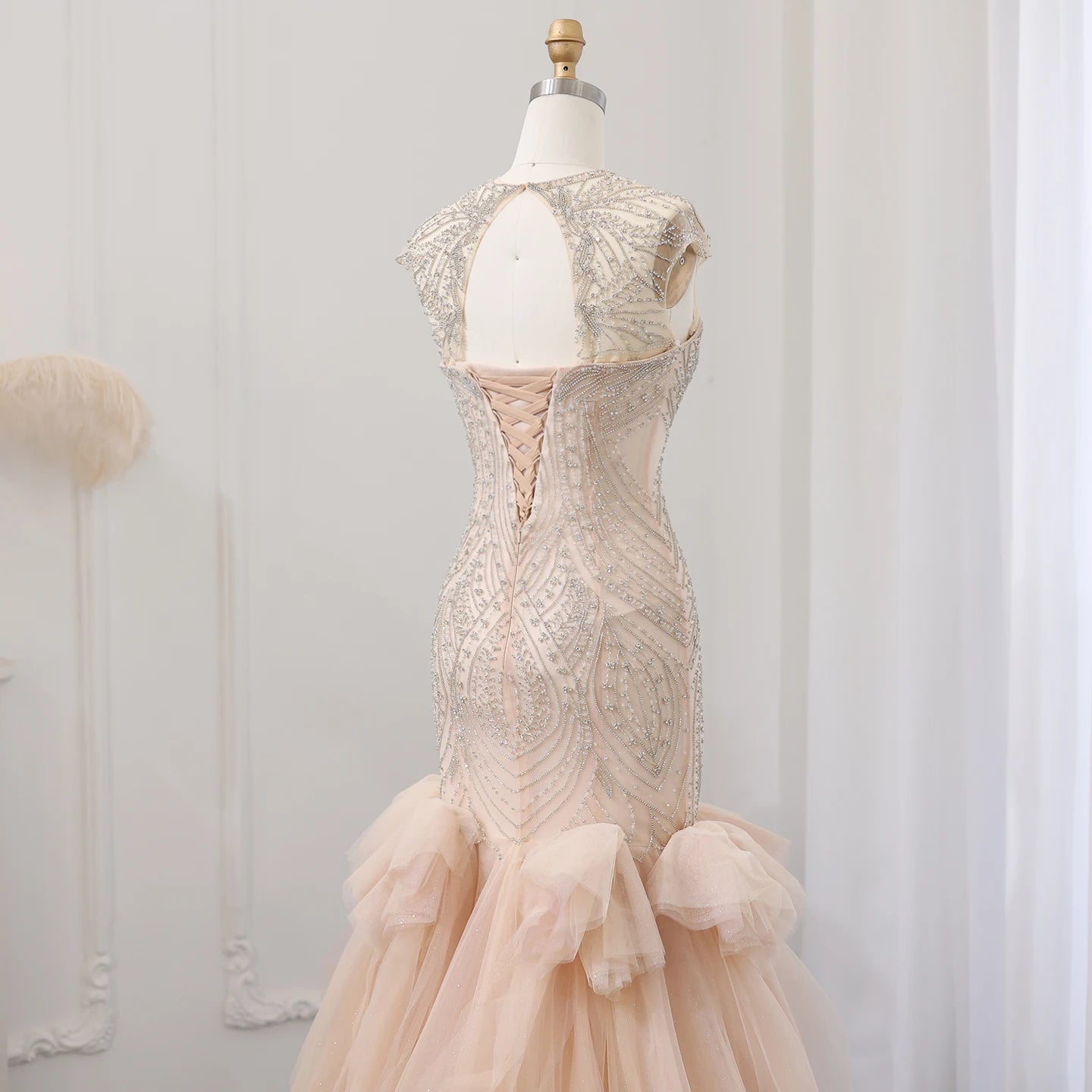 Luxury Champagne Crystal Mermaid Evening Dress for Women Wedding Party Long Dubai Arabic Formal Prom Gowns - Image 6