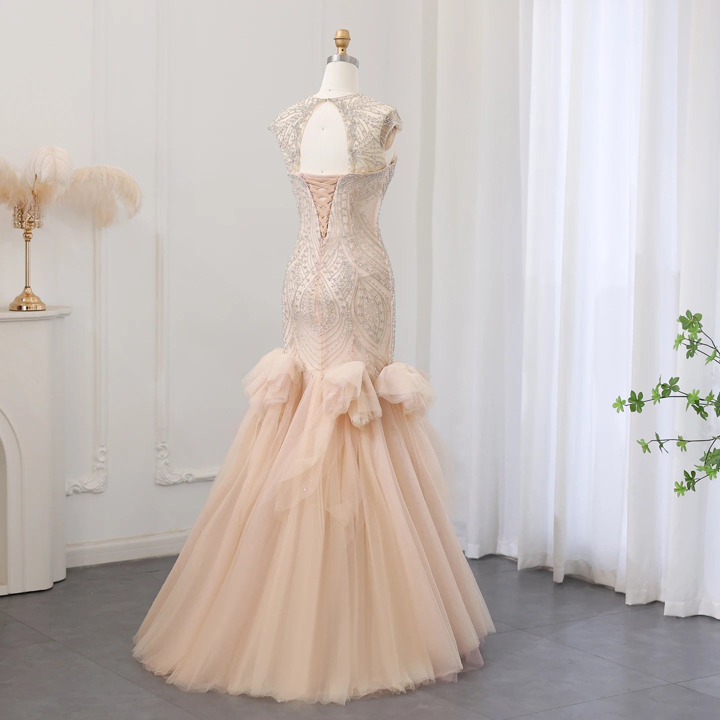 Luxury Champagne Crystal Mermaid Evening Dress for Women Wedding Party Long Dubai Arabic Formal Prom Gowns - Image 5