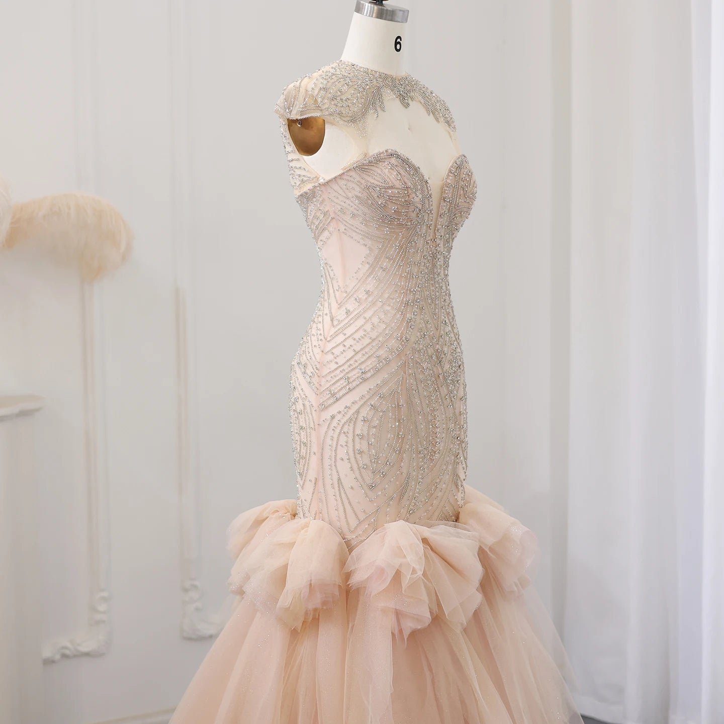 Luxury Champagne Crystal Mermaid Evening Dress for Women Wedding Party Long Dubai Arabic Formal Prom Gowns - Image 4
