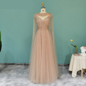 Luxury Champagne Evening Dresses with Cape Sleeve Elegant Long Women Formal Prom Dress for Wedding Party