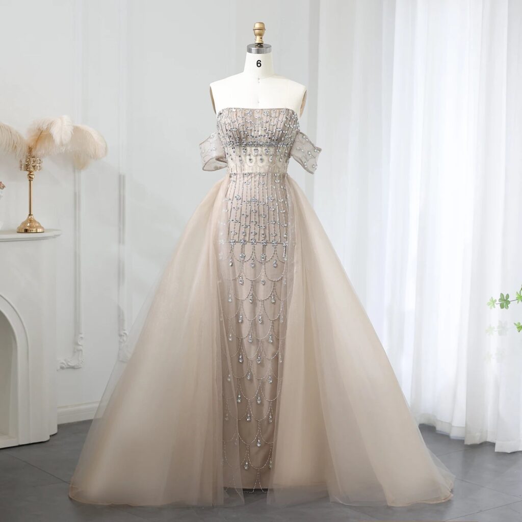Luxury Champagne Mermaid Evening Dress with Overskirt 2024 Elegant Women Wedding Party Gowns