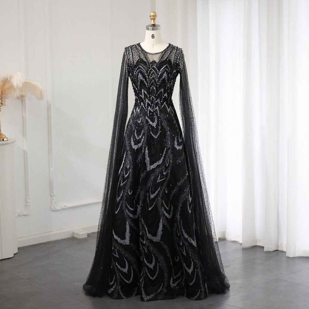 Luxury Crystal Evening Dress with Cape Sleeves Women Wedding Guest Party Gowns