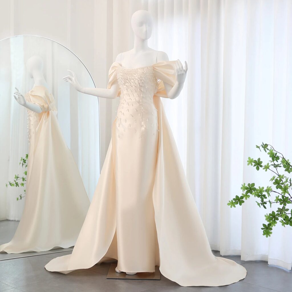Luxury Crystal Beige Evening Dresses with Cape Sleeves Overskirt Women Wedding Formal Party Gowns