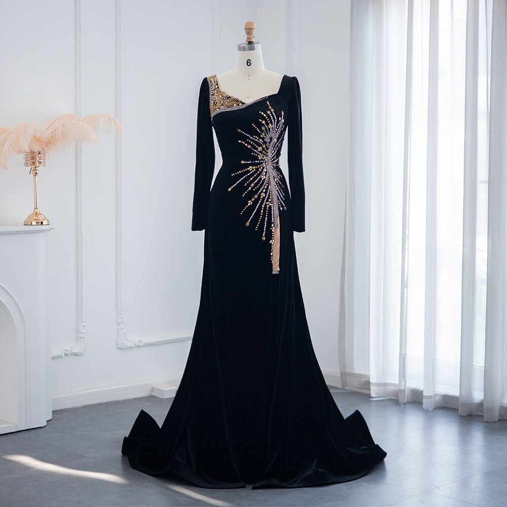 Luxury Crystal Velvet Evening Dresses with Overskirt Long Sleeve Formal Party Dress for Wedding