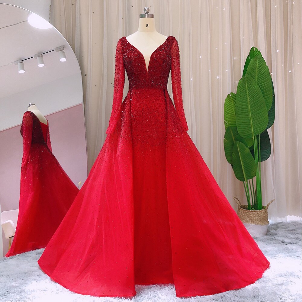 Luxury Crystal Burgundy Evening Dresses with Overskirt Long Sleeves Elegant Arabic Women Wedding Party Gowns