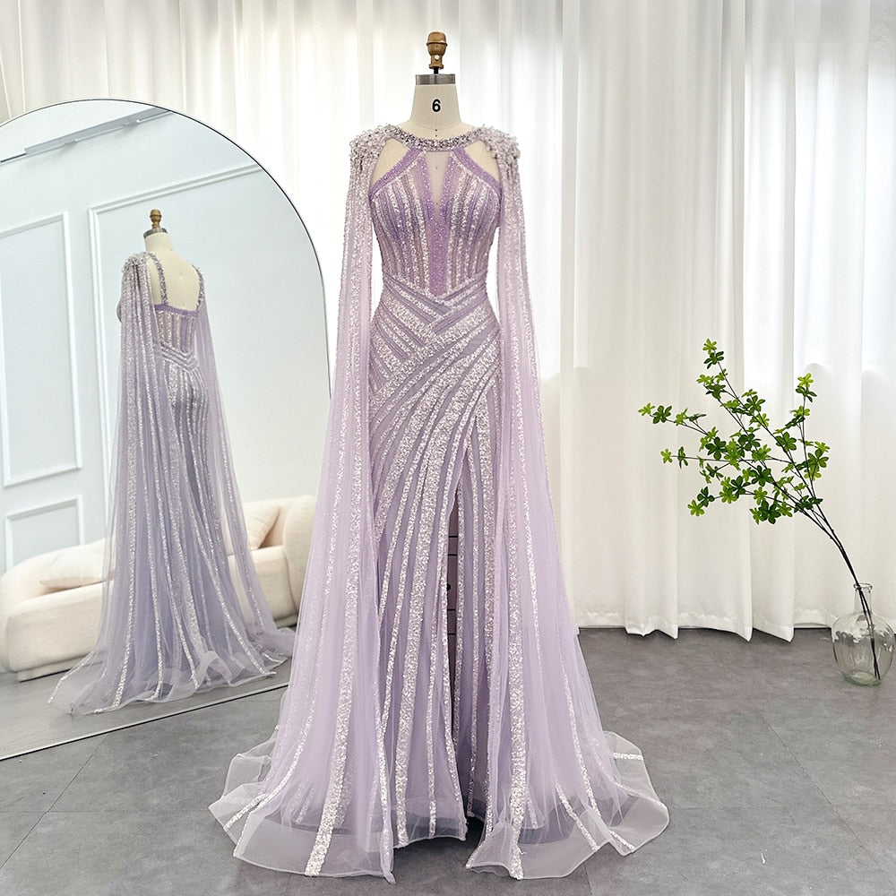 Luxury Crystal Evening Dress with Cape Sleeves Mermaid Women Wedding Party Gown