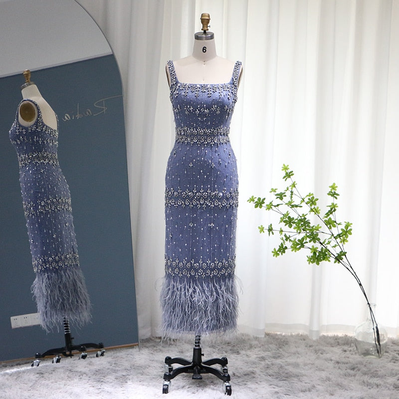 Luxury Crystal Feathers Evening Dresses for Women Wedding Elegant Lace Midi Formal Party Gown