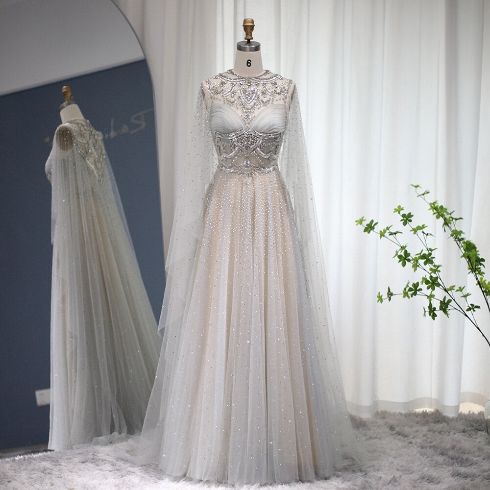 Luxury Crystal Evening Dress with Cape Long Prom Formal Dresses for Women Wedding Party