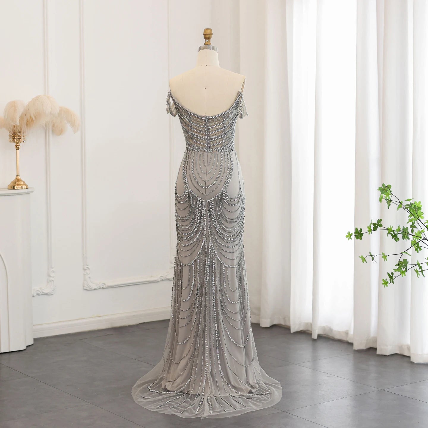 Luxury Crystal Silver Gray Mermaid Evening Dresses for Women Wedding Long Black Girls Prom Party Gowns - Image 5