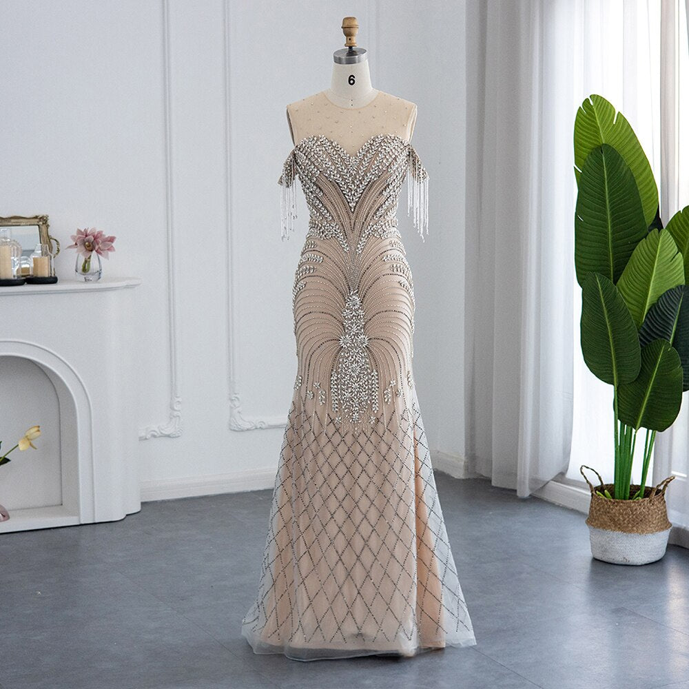 Luxury Crystal Silver Nude Mermaid Evening Dress Tassel Long Prom Party Dresses for Women Wedding