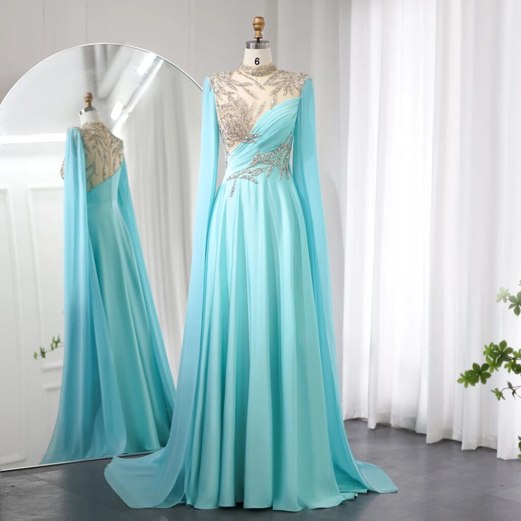 Luxury Crystal Turquoise Blue Evening Dress with Cap Sleeves High Neck Women Wedding Party Dress