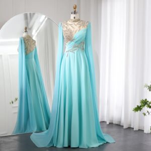 Luxury Crystal Turquoise Blue Evening Dress with Cap Sleeves High Neck Women Wedding Party Dress