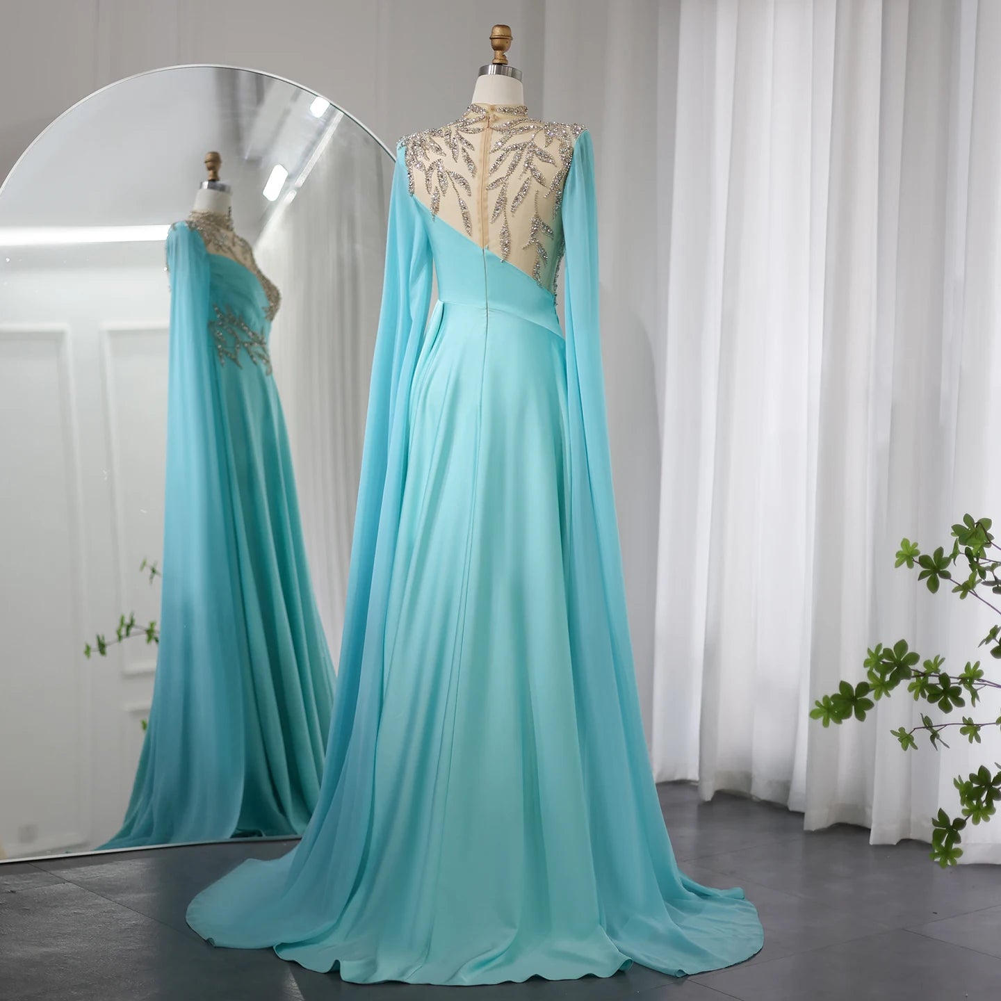 Luxury Crystal Turquoise Blue Evening Dress with Cap Sleeves High Neck Women Wedding Party Dress - Image 6