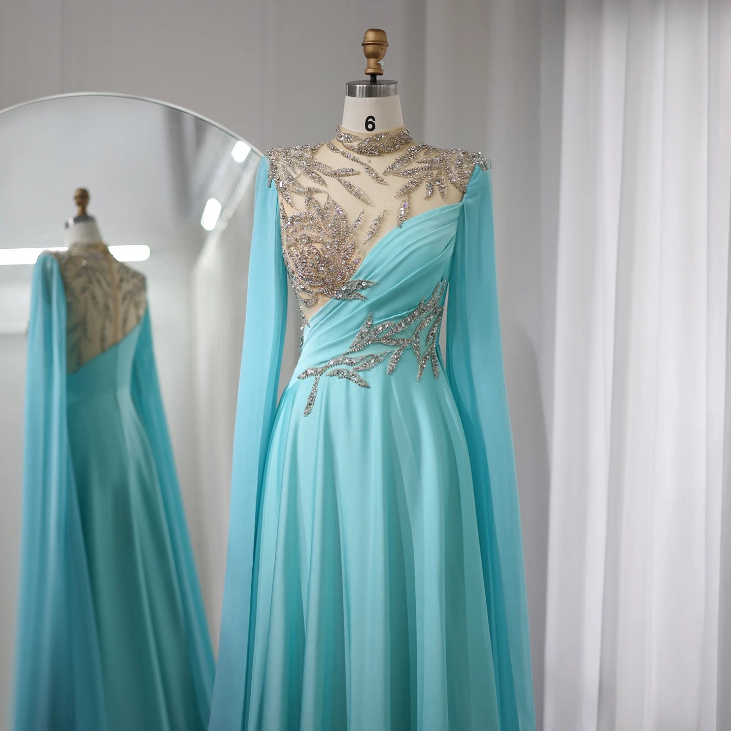 Luxury Crystal Turquoise Blue Evening Dress with Cap Sleeves High Neck Women Wedding Party Dress - Image 2