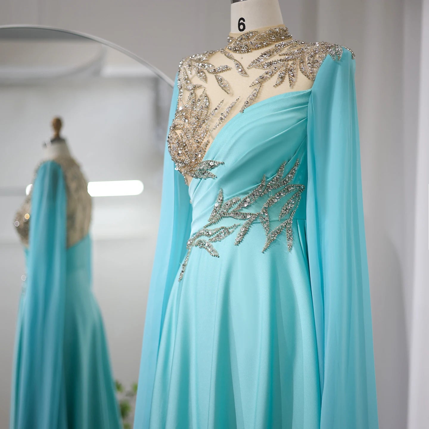 Luxury Crystal Turquoise Blue Evening Dress with Cap Sleeves High Neck Women Wedding Party Dress - Image 4