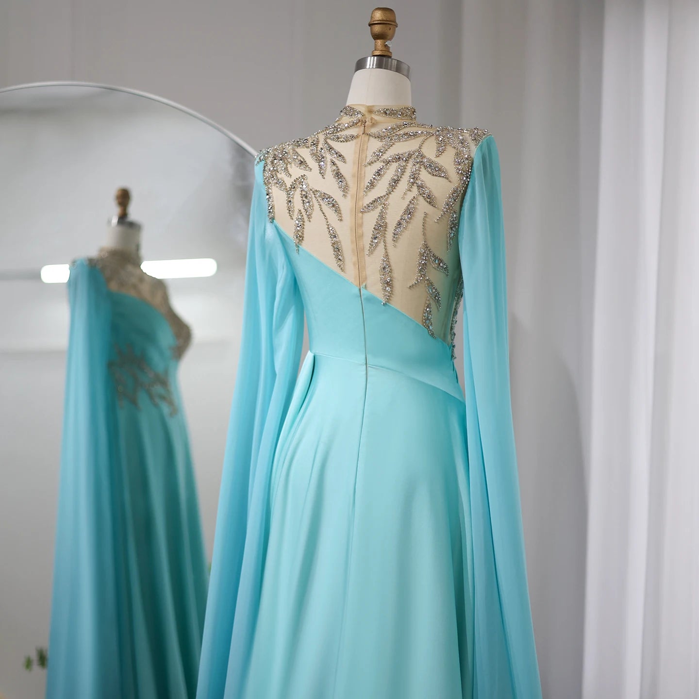Luxury Crystal Turquoise Blue Evening Dress with Cap Sleeves High Neck Women Wedding Party Dress - Image 5