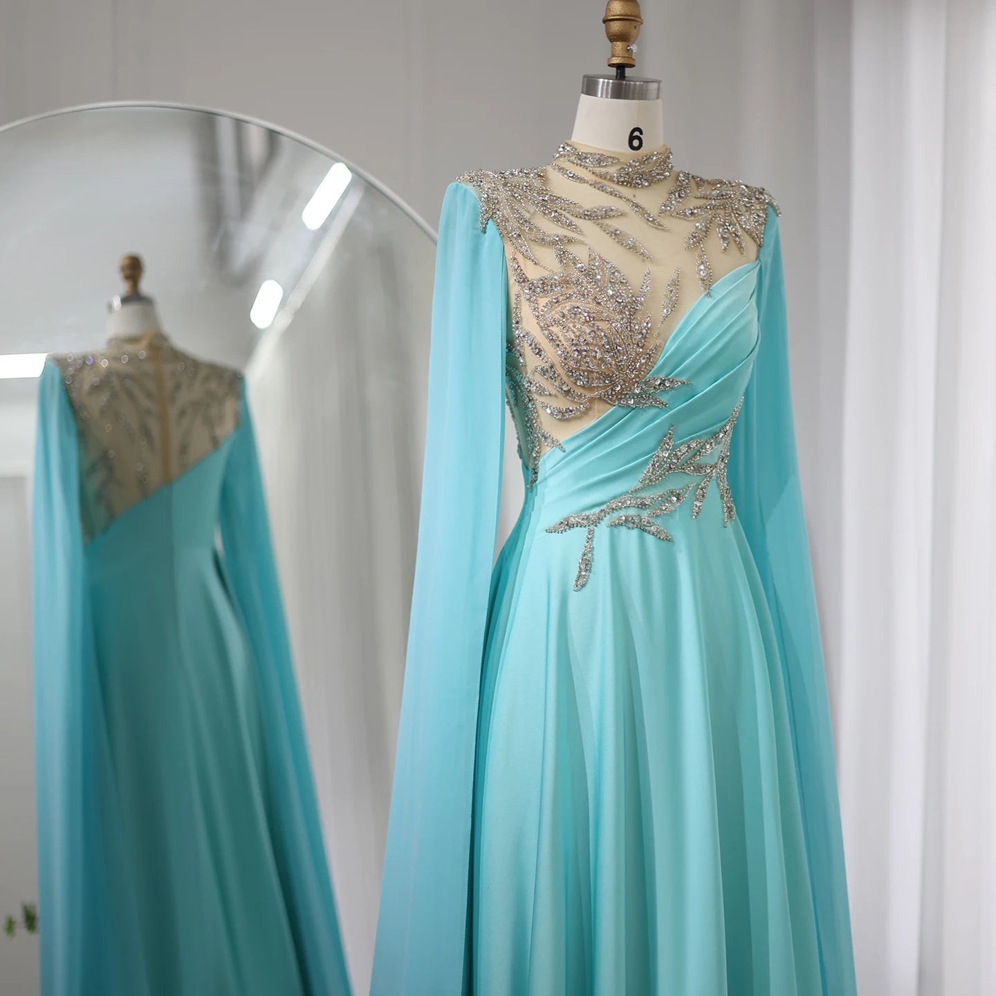 Luxury Crystal Turquoise Blue Evening Dress with Cap Sleeves High Neck Women Wedding Party Dress - Image 3