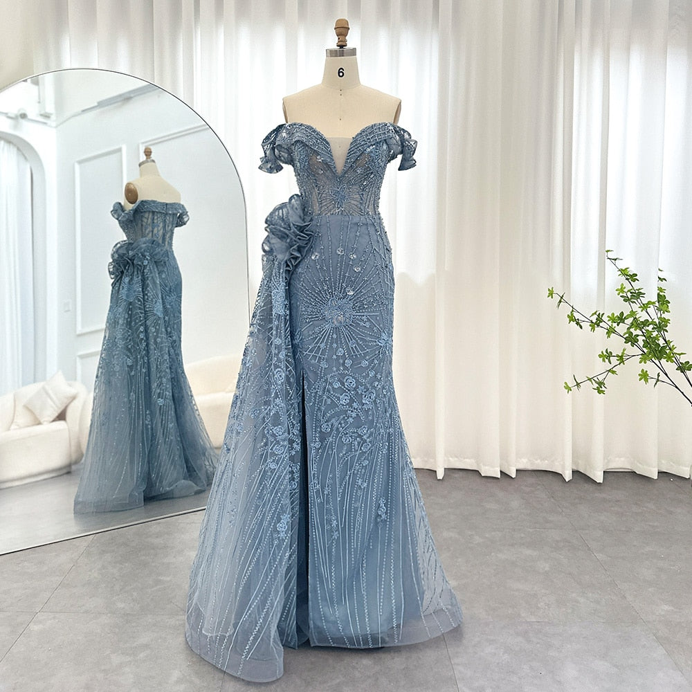Luxury 3D Flowers Mermaid Blue Evening Dresses With Overskirt Elegant Woman Wedding Party Gown