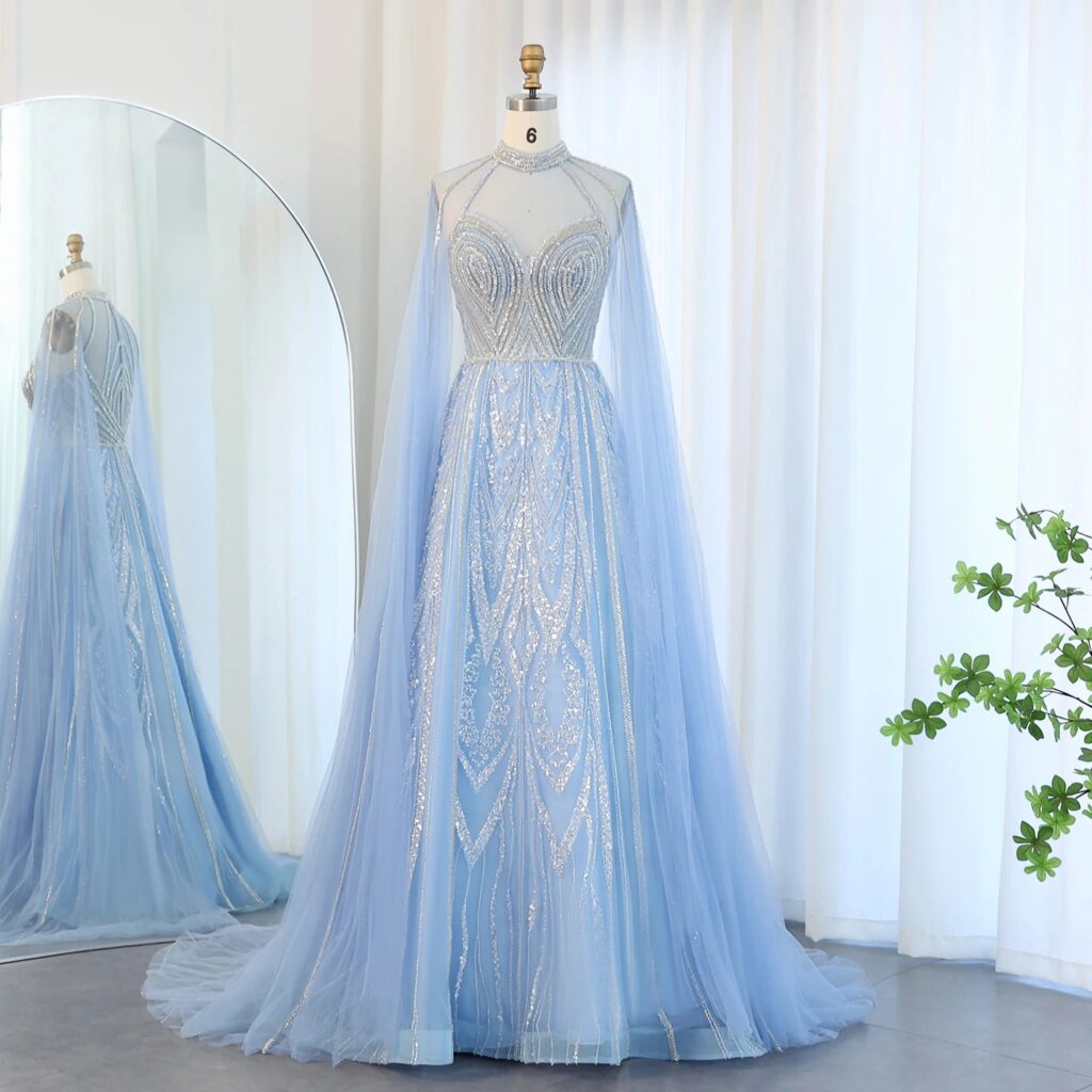 Luxury A-line Blue Evening Dress with Cape Sleeves Elegant Pink Yellow Plus Size for Women Wedding Party