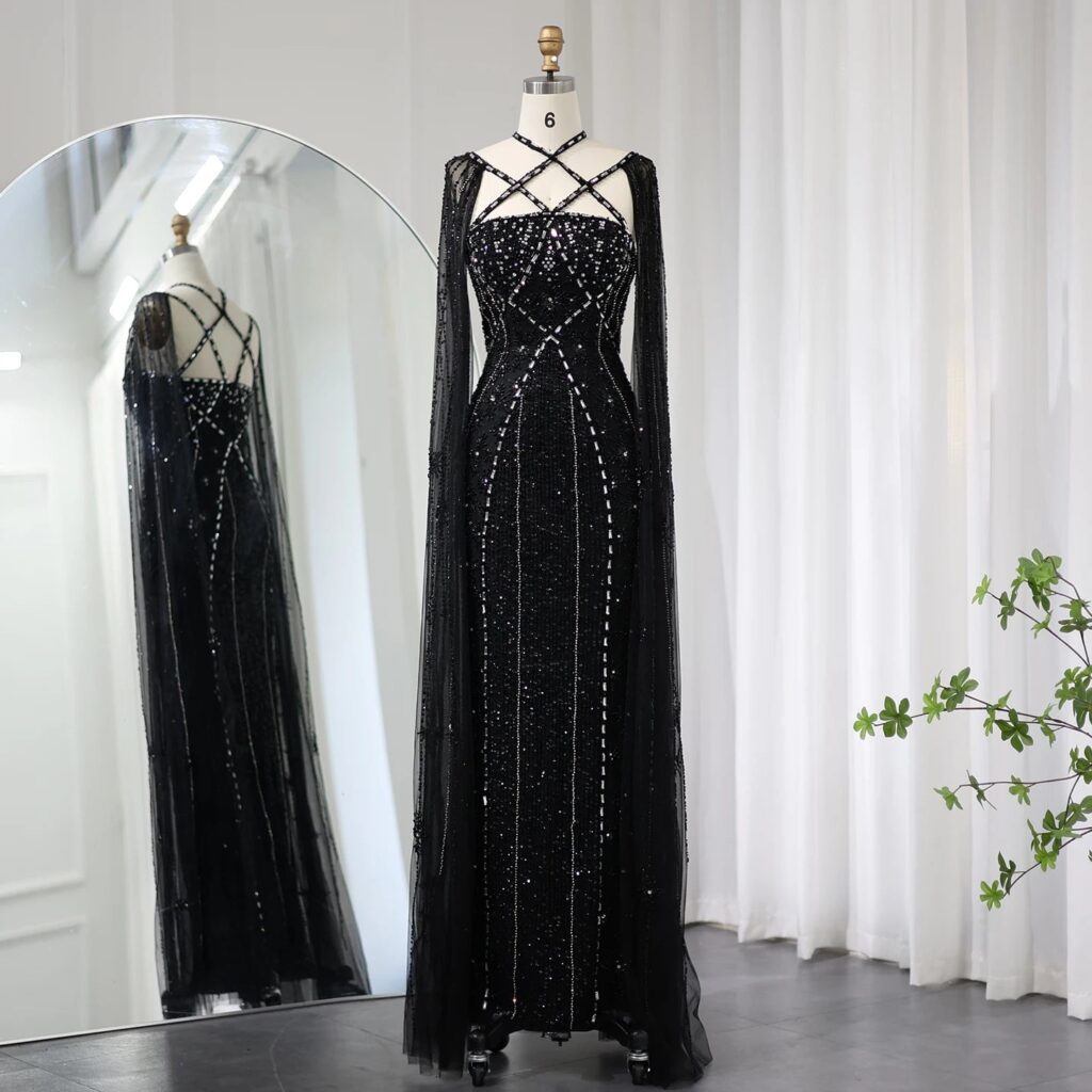 Mermaid Evening Dress with Cape Sleeves Criss Cross Women Wedding Party Gowns