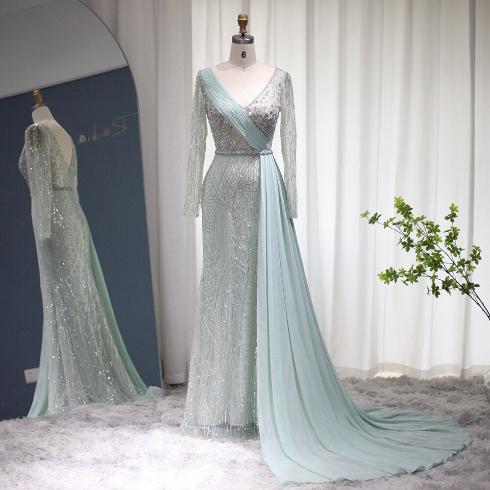Luxury Mermaid Evening Dress Chiffon Overskirt Long Sleeves  Formal Dresses for Women Wedding