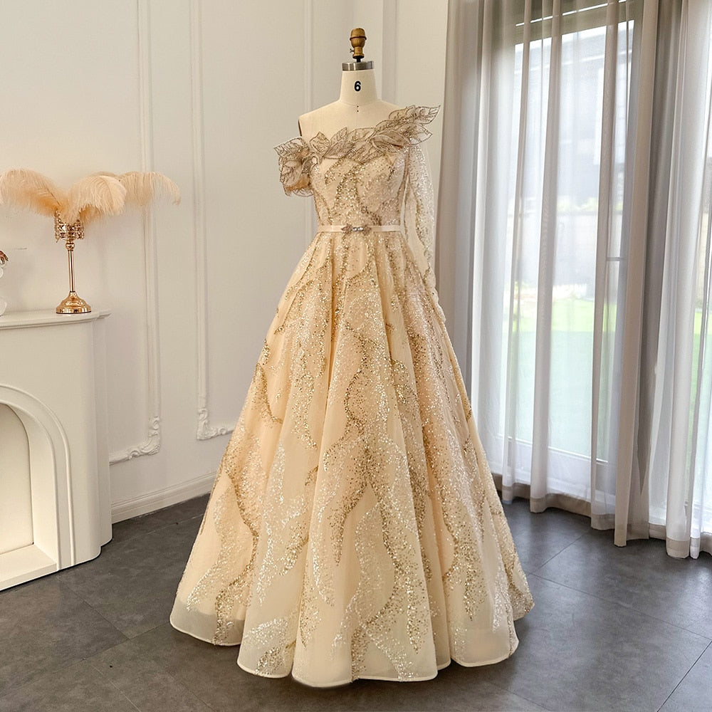 Luxury Ball Gown Gold Evening Dresses for Women Wedding Elegant One Shoulder Prom Formal Party Gown
