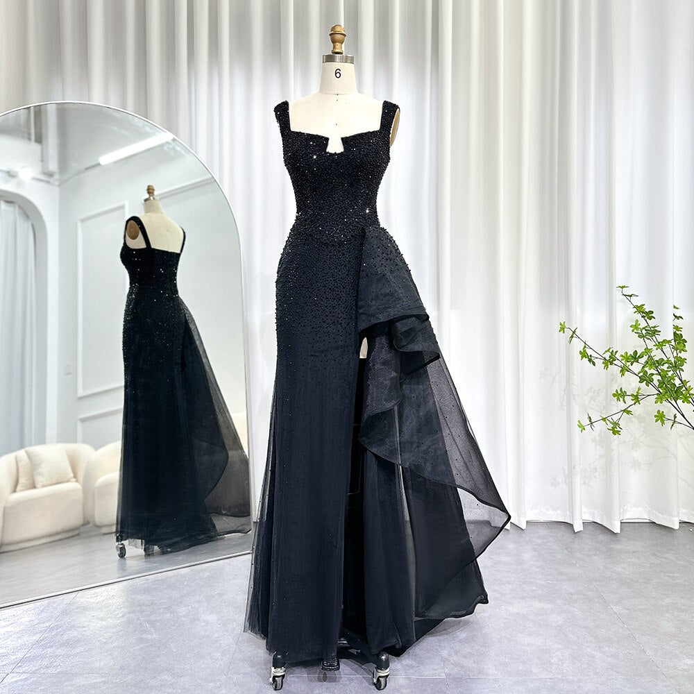 Luxury Beaded Black Mermaid Evening Dresses Women Party Prom Gowns with High Slit