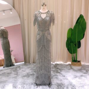 Luxury Beading Tassel Gray Evening Dresses Mermaid Formal Prom Dresses for Women Wedding Party
