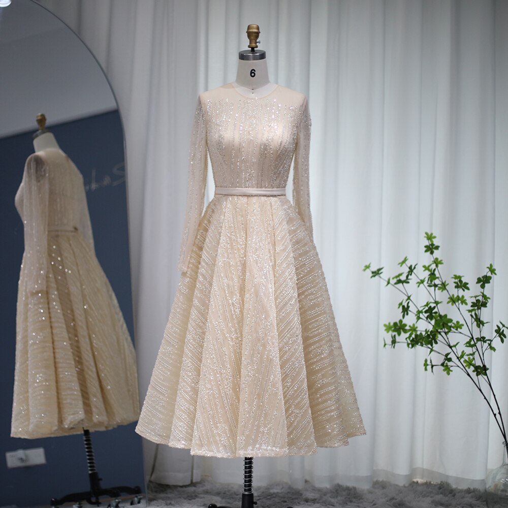 Luxury Beige Midi Evening Dress for Women Wedding Party Long Sleeves Ankle Length Bridal Gowns