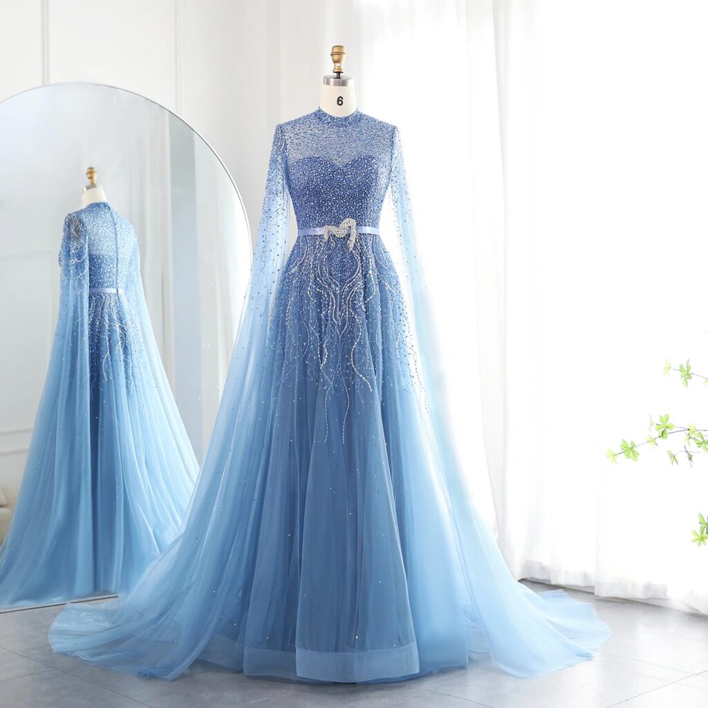 Luxury Evening Dress with Cape Sleeves Elegant High Neck Women Wedding Party Gowns