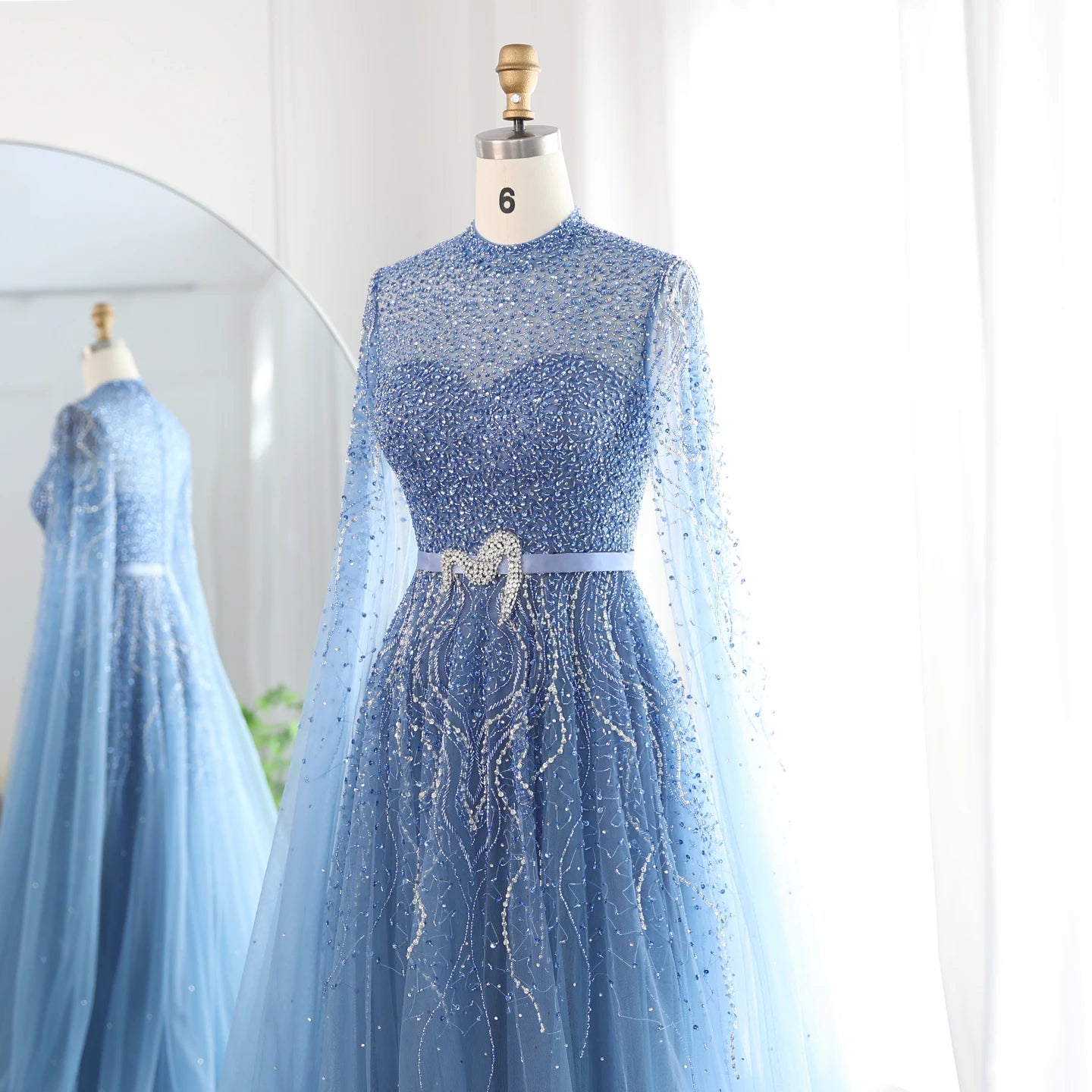 Luxury Evening Dress with Cape Sleeves Elegant High Neck Women Wedding Party Gowns - Image 3