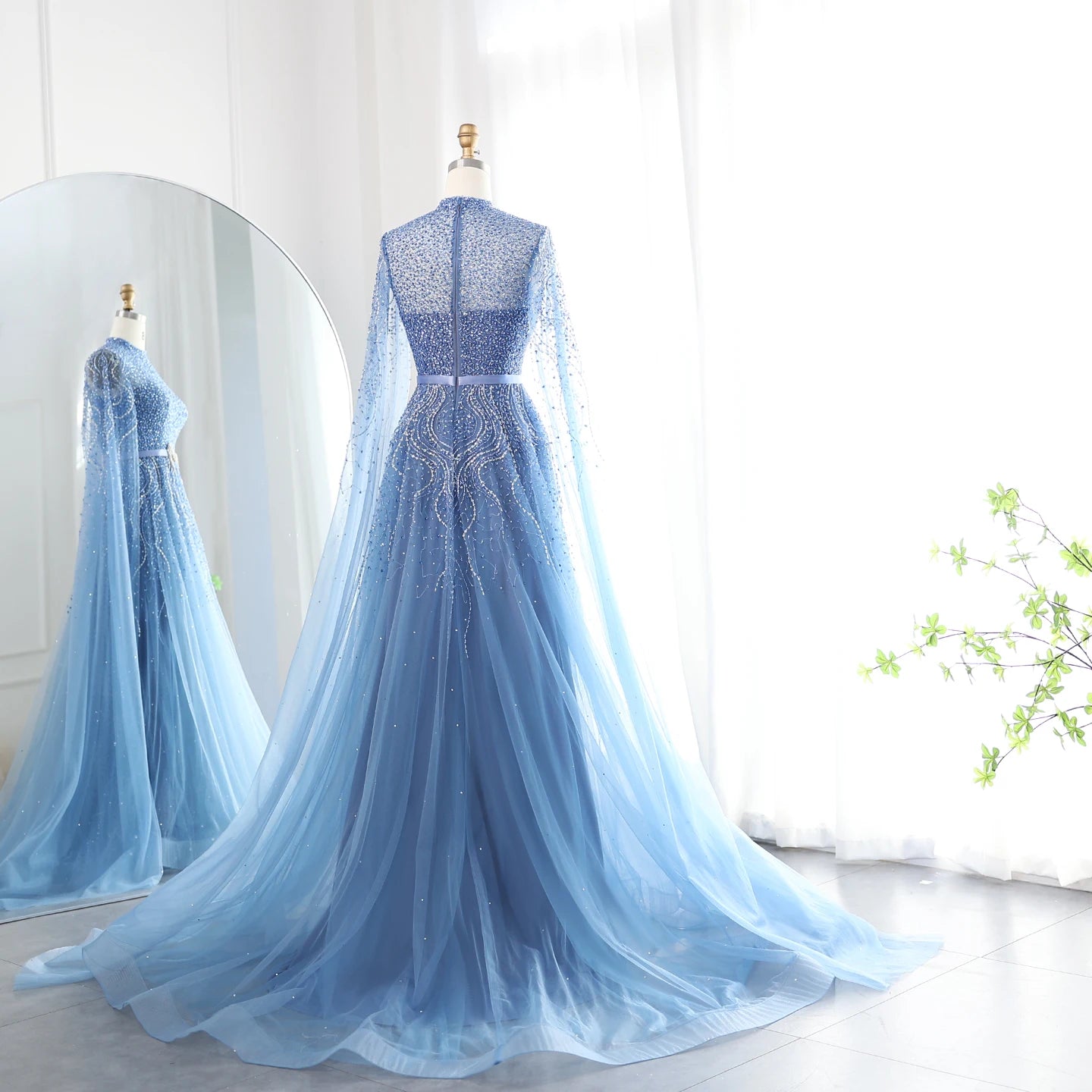 Luxury Evening Dress with Cape Sleeves Elegant High Neck Women Wedding Party Gowns - Image 4