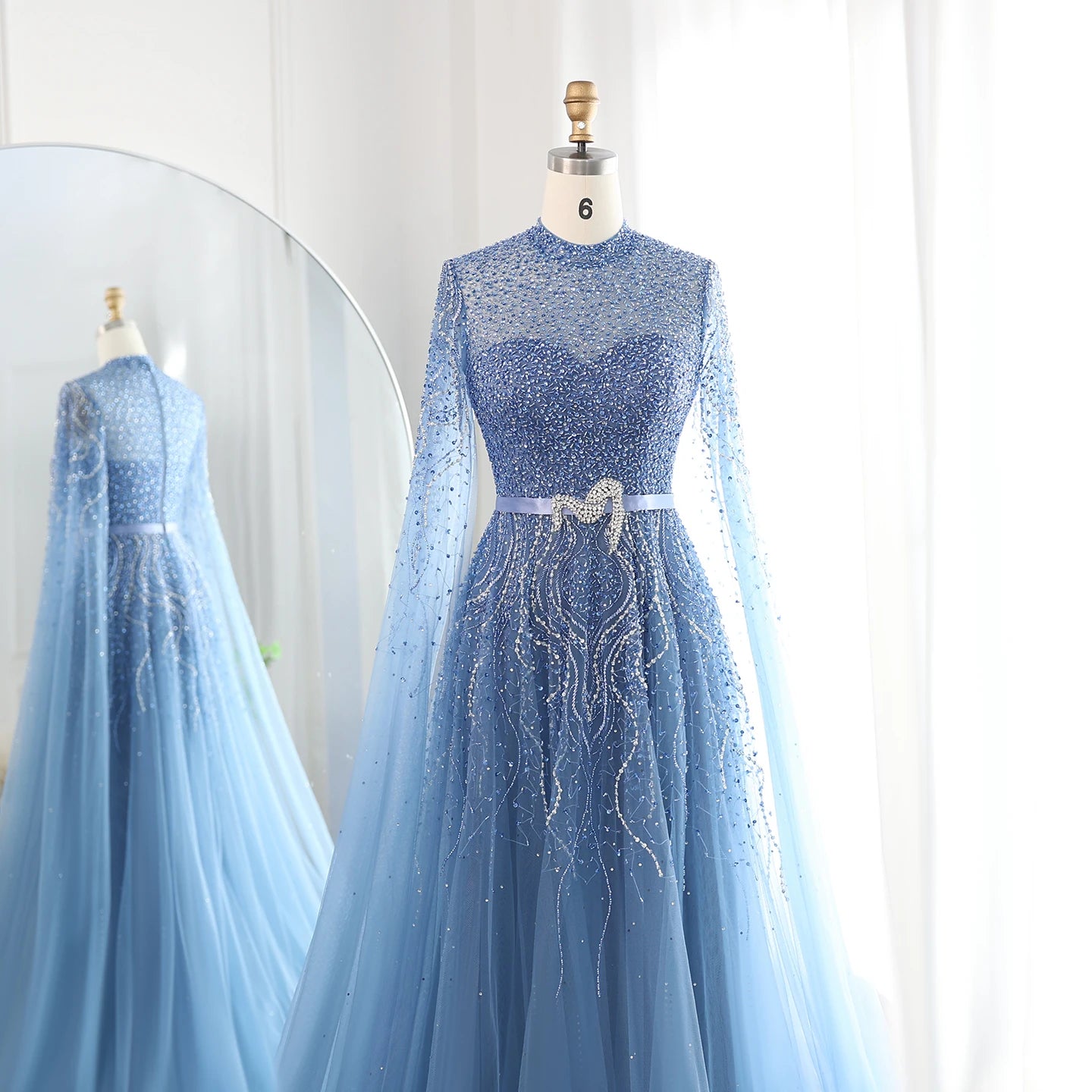 Luxury Evening Dress with Cape Sleeves Elegant High Neck Women Wedding Party Gowns - Image 6
