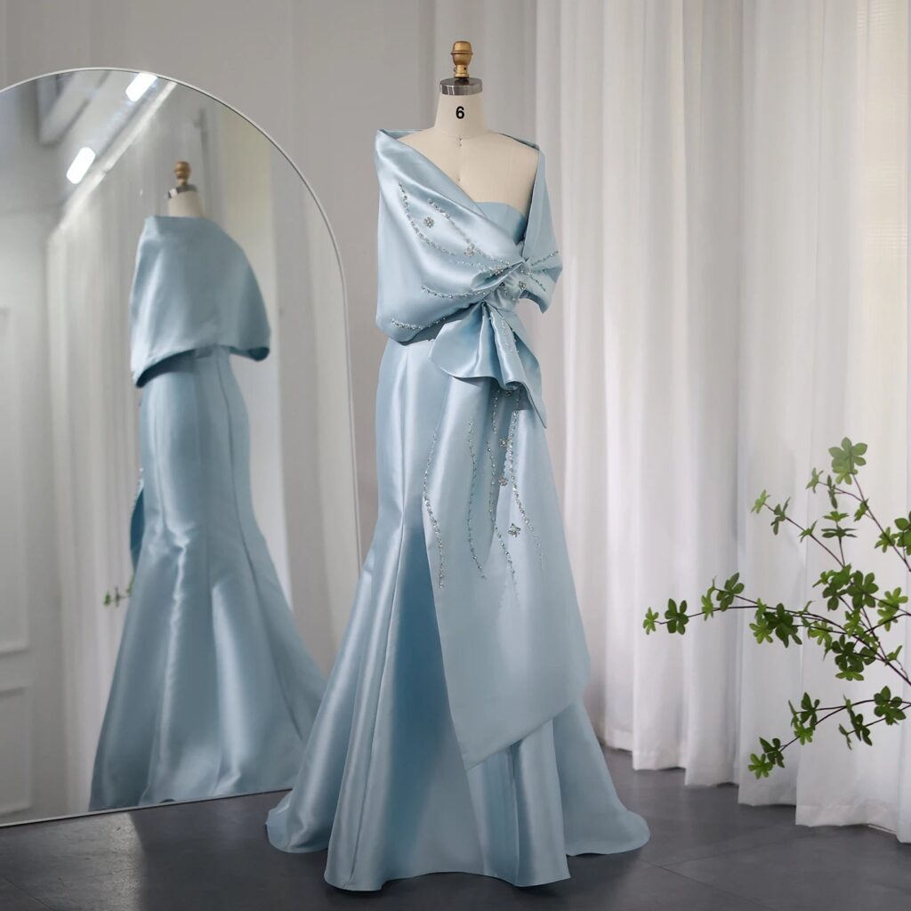 Luxury Blue Mermaid Evening Dresses with Cape Shawl Beaded Elegant Women Wedding Guest Party Gown